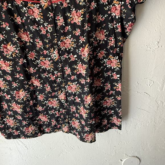 So-En Shirt Large Black Pink Floral Button Up Short Sleeve Japanese Peasant - Picture 3 of 7